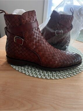 Taft Brown Woven Leather Chelsea Boots with Buckle NEW